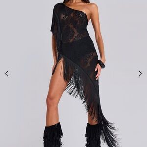 Jaded London Black Lace Fringe Asymmetric Dress